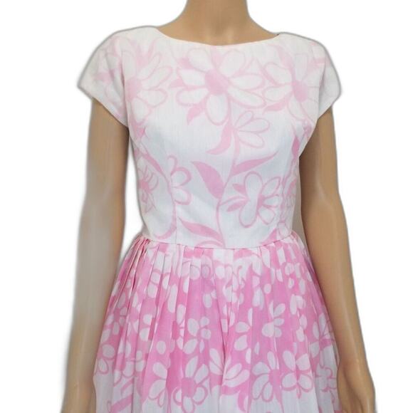 1950s Pink White Floral Handmade Pleated Fit Flare Short Sleeve Puffy Midi Dress - Picture 2 of 8